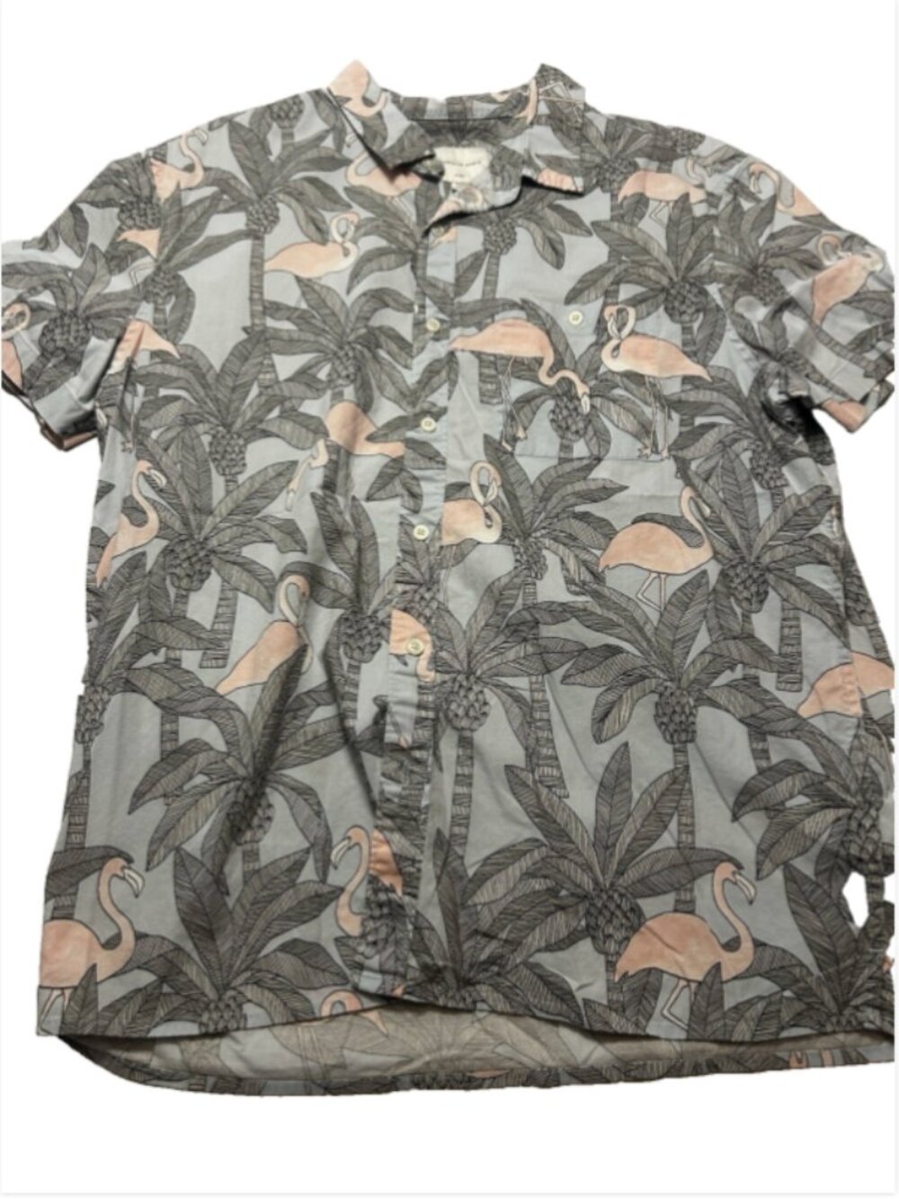 AE Men's Short Sleeve Button Up Shirt Grey Pink Flamingo Palm Tree XL